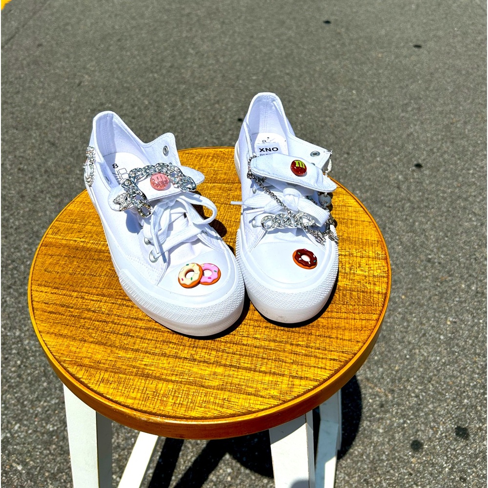 White canvas shoes with bling on front back n side
